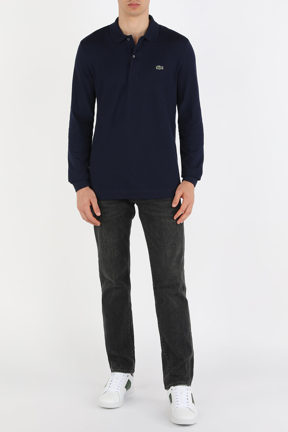 חולצת פולו ארוכה בגוון כחול נייבי מכותנה